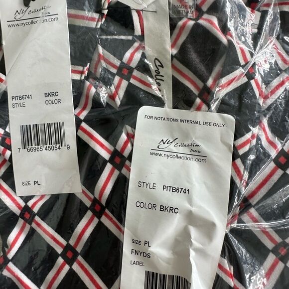 NY Collection 3/4 Roll Tab Sleeve Y‎ Neck Top Black/Red Chain LP NWT IN PKG - Picture 4 of 5